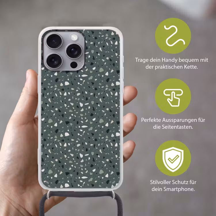 Terrazzo - Patroon - Kleurrijk - Groen Hoesje iPhone 16 Pro Max met koord klein 804 -sfeer2_DE