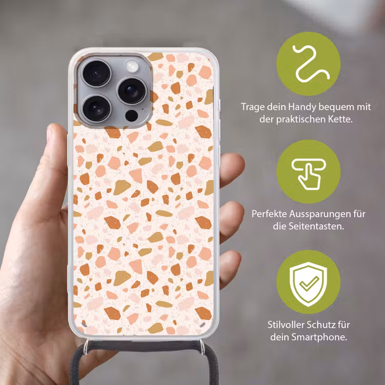 Terrazzo - Patroon - Kleurrijk - Zalm Hoesje iPhone 16 Pro Max met koord klein 804 -sfeer2_DE