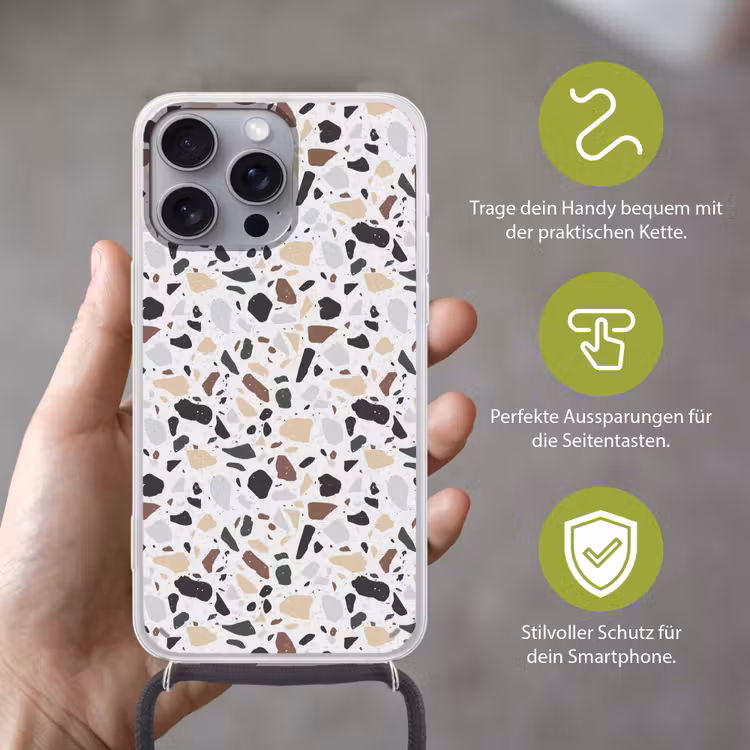 Terrazzo - Patroon - Kleurrijk - Klei Hoesje iPhone 16 Pro Max met koord klein 804 -sfeer2_DE