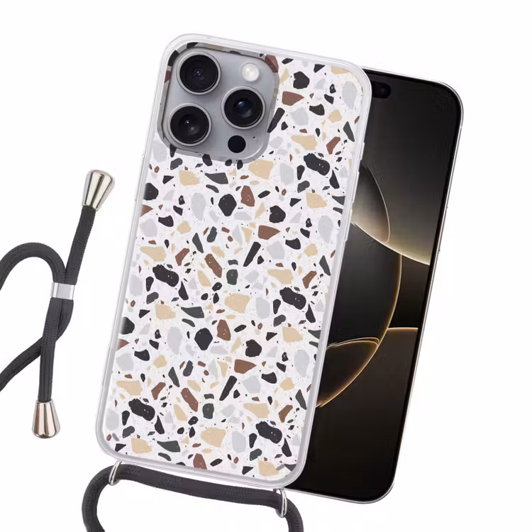 Terrazzo - Patroon - Kleurrijk - Klei Hoesje iPhone 16 Pro Max met koord klein 804 -sfeer1