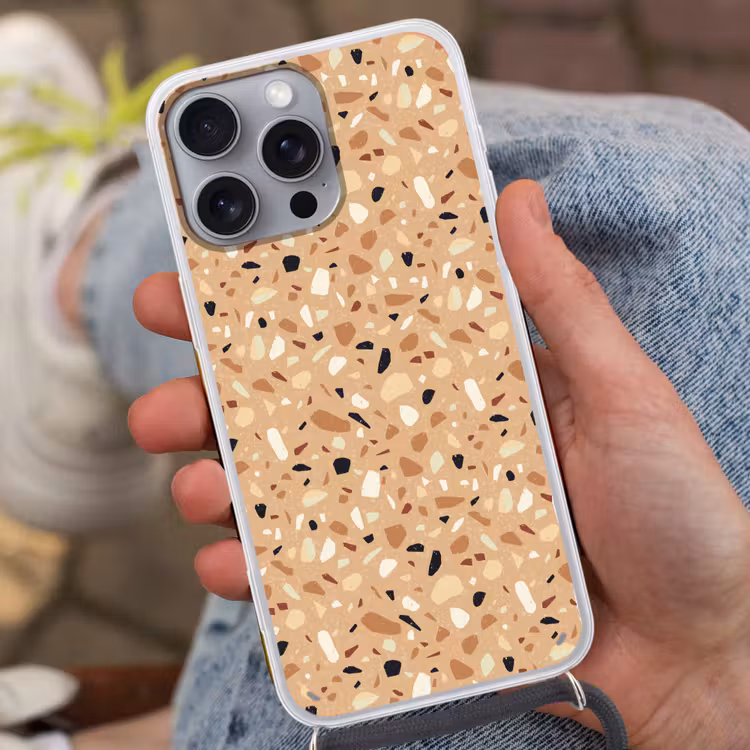 Terrazzo - Patroon - Kleurrijk - Oranje Hoesje iPhone 16 Pro Max met koord klein 804 -sfeer3