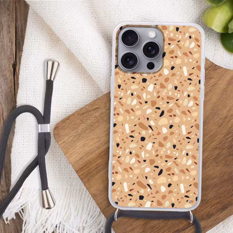 Terrazzo - Patroon - Kleurrijk - Oranje Hoesje iPhone 16 Pro Max met koord klein 804 -sfeer4