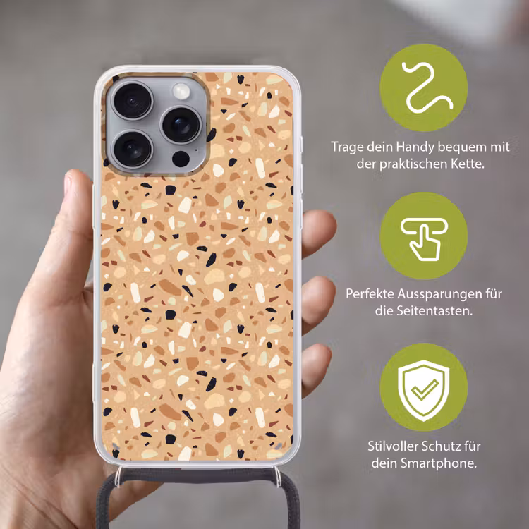 Terrazzo - Patroon - Kleurrijk - Oranje Hoesje iPhone 16 Pro Max met koord klein 804 -sfeer2_DE