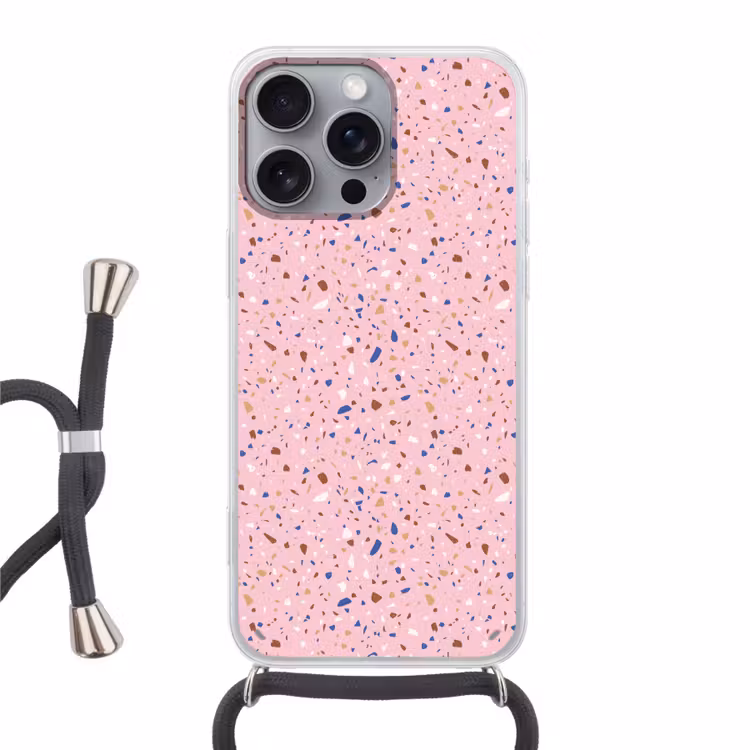 Terrazzo - Patroon - Kleurrijk - Roze Hoesje iPhone 16 Pro Max met koord klein 804 -3d