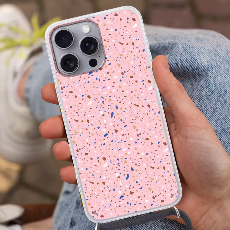 Terrazzo - Patroon - Kleurrijk - Roze Hoesje iPhone 16 Pro Max met koord klein 804 -sfeer3