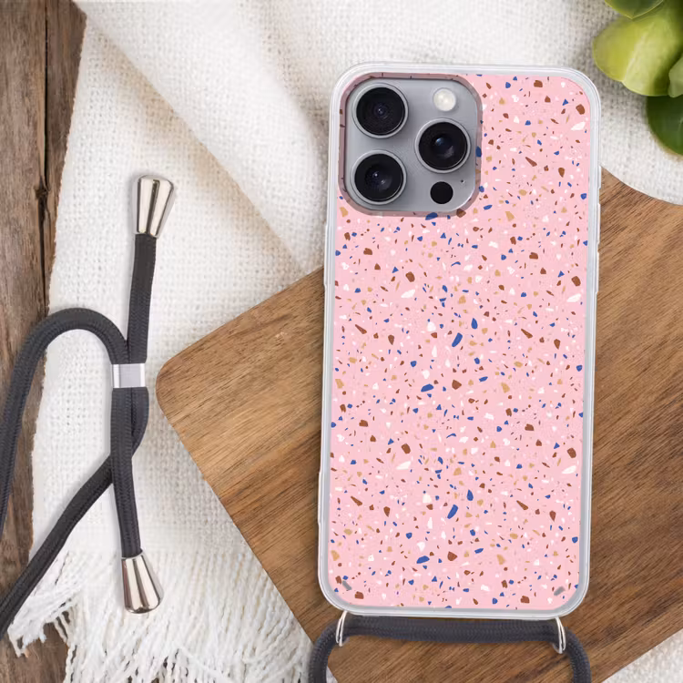 Terrazzo - Patroon - Kleurrijk - Roze Hoesje iPhone 16 Pro Max met koord klein 804 -sfeer4