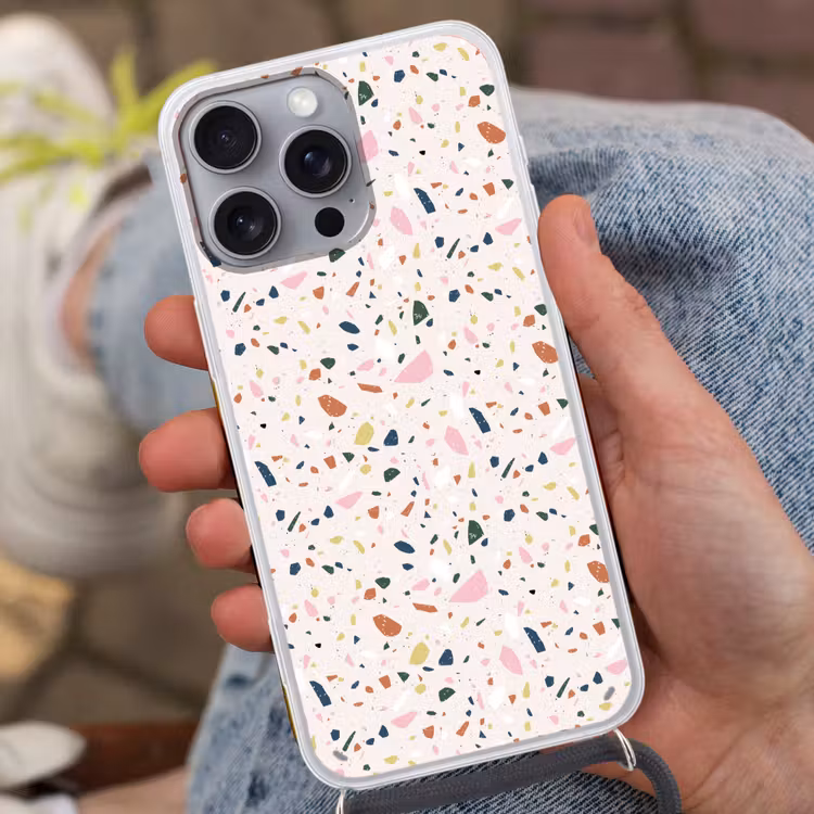 Terrazzo - Patroon - Kleurrijk Hoesje iPhone 16 Pro Max met koord klein 804 -sfeer3