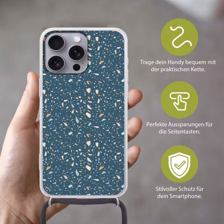 Terrazzo - Patroon - Kleurrijk - Diep blauw Hoesje iPhone 16 Pro Max met koord klein 804 -sfeer2_DE