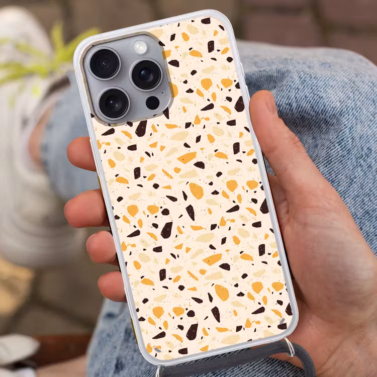 Terrazzo - Patroon - Geel - Hoesje iPhone 16 Pro Max met koord klein 804 -sfeer3