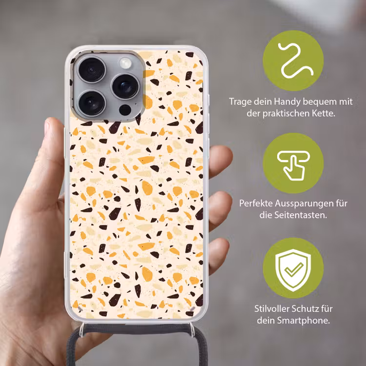 Terrazzo - Patroon - Geel - Hoesje iPhone 16 Pro Max met koord klein 804 -sfeer2_DE