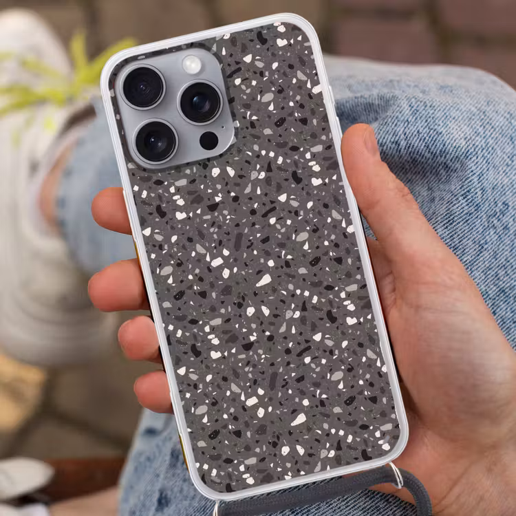 Terrazzo - Patroon - Grijs Hoesje iPhone 16 Pro Max met koord klein 804 -sfeer3