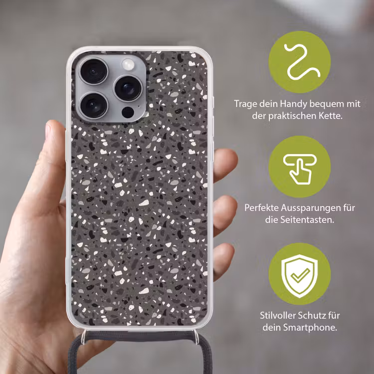 Terrazzo - Patroon - Grijs Hoesje iPhone 16 Pro Max met koord klein 804 -sfeer2_DE