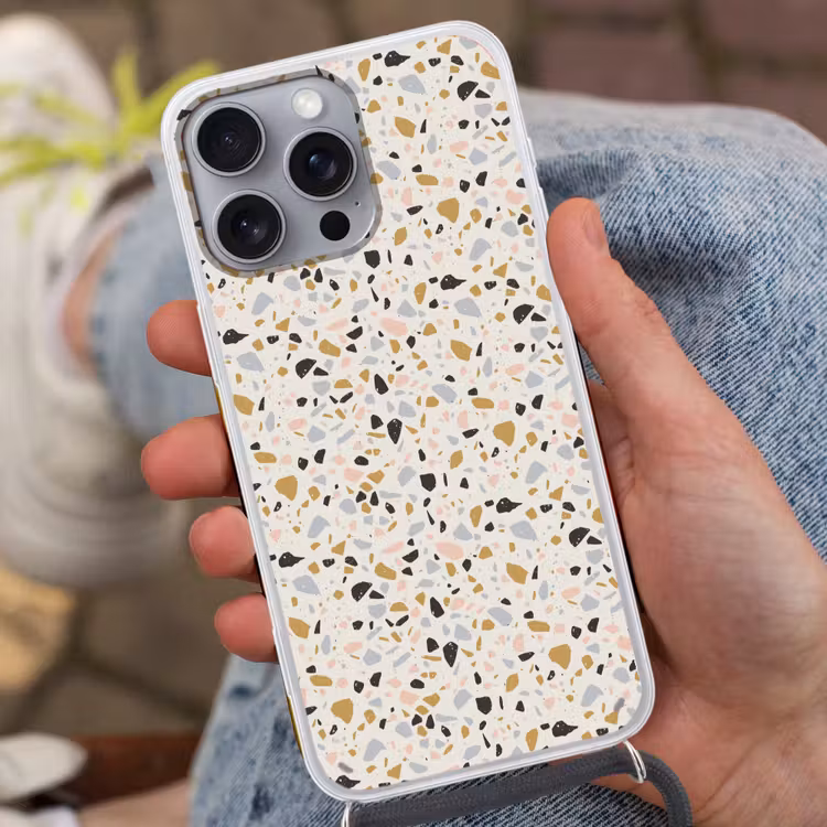 Terrazzo - Patroon - Neutraal - Zacht - Multi Hoesje iPhone 16 Pro Max met koord klein 804 -sfeer3