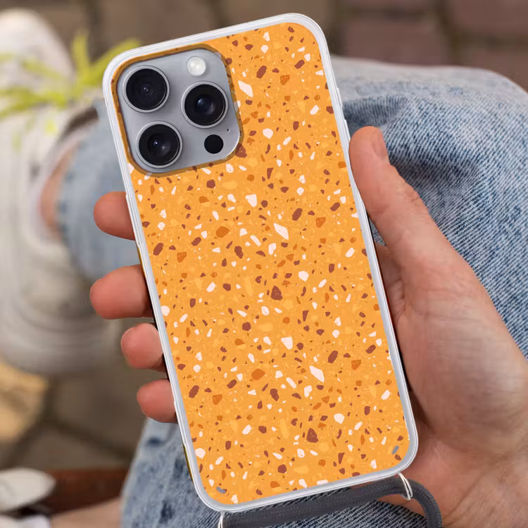 Terrazzo - Patroon - Okergeel Hoesje iPhone 16 Pro Max met koord klein 804 -sfeer3