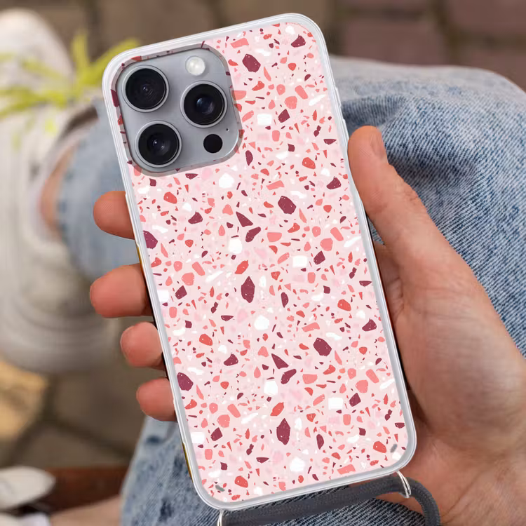 Terrazzo - Patroon - Roze Hoesje iPhone 16 Pro Max met koord klein 804 -sfeer3