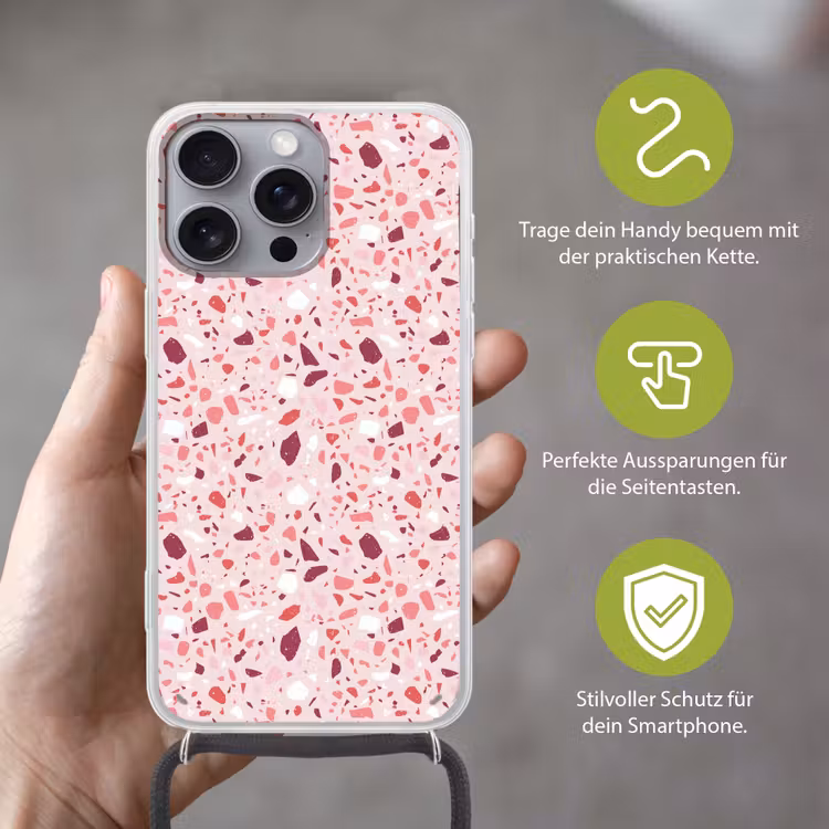 Terrazzo - Patroon - Roze Hoesje iPhone 16 Pro Max met koord klein 804 -sfeer2_DE