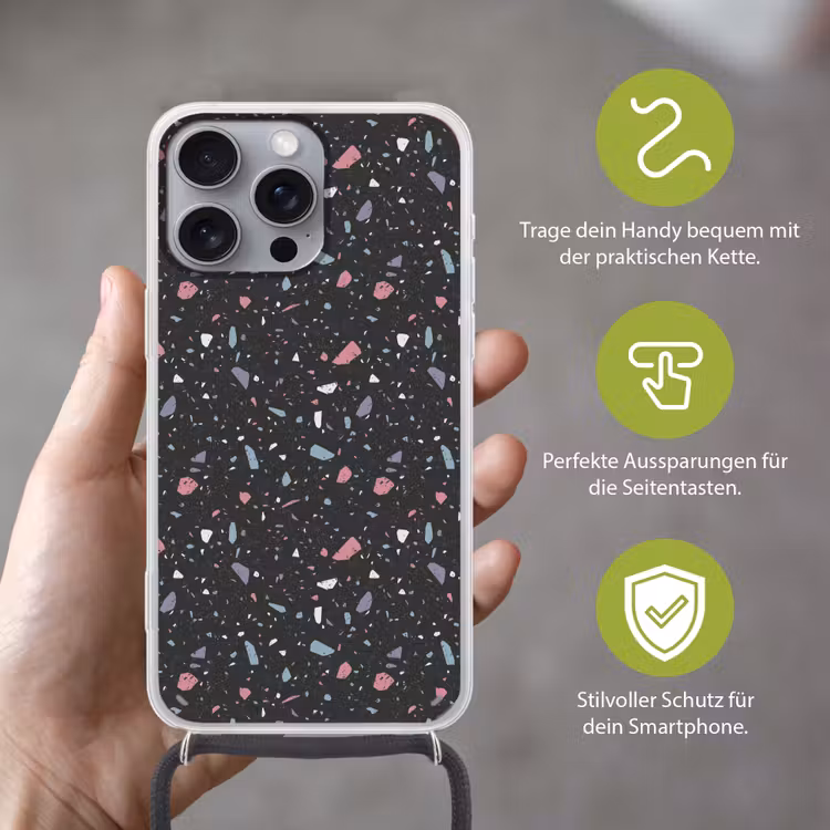 Terrazzo - Patroon - Zwart - Zacht Hoesje iPhone 16 Pro Max met koord klein 804 -sfeer2_DE