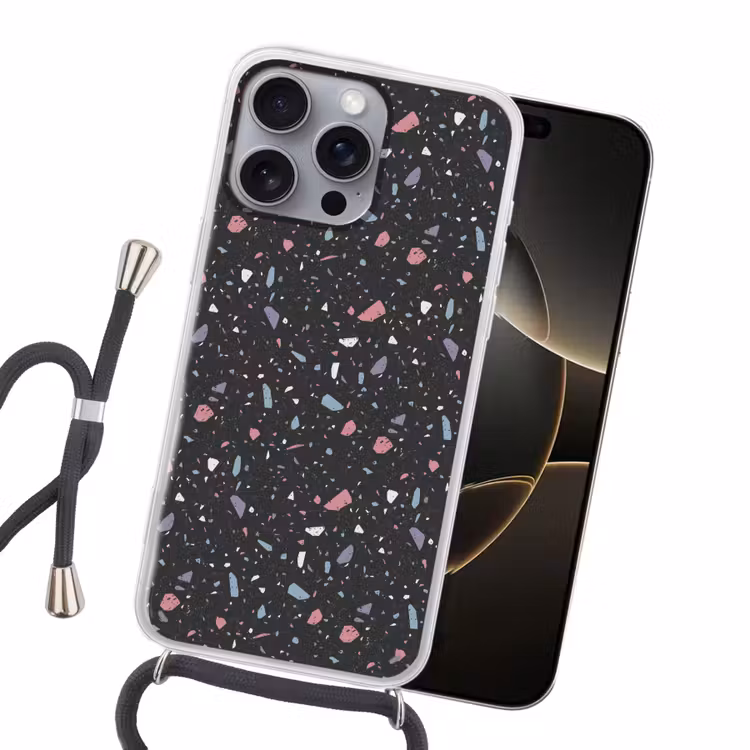 Terrazzo - Patroon - Zwart - Zacht Hoesje iPhone 16 Pro Max met koord klein 804 -sfeer1