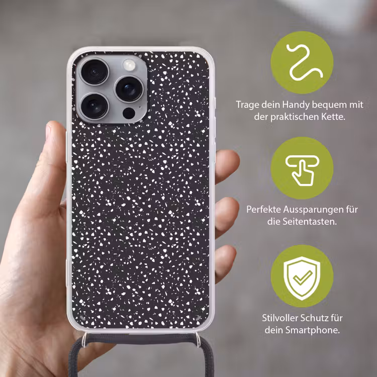 Terrazzo - Patroon - Zwart - Wit Hoesje iPhone 16 Pro Max met koord klein 804 -sfeer2_DE