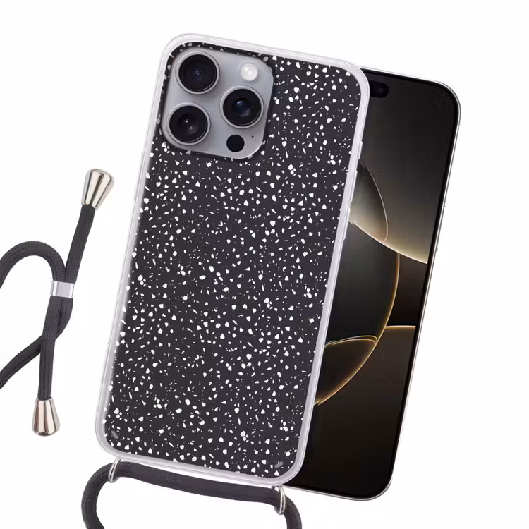 Terrazzo - Patroon - Zwart - Wit Hoesje iPhone 16 Pro Max met koord klein 804 -sfeer1