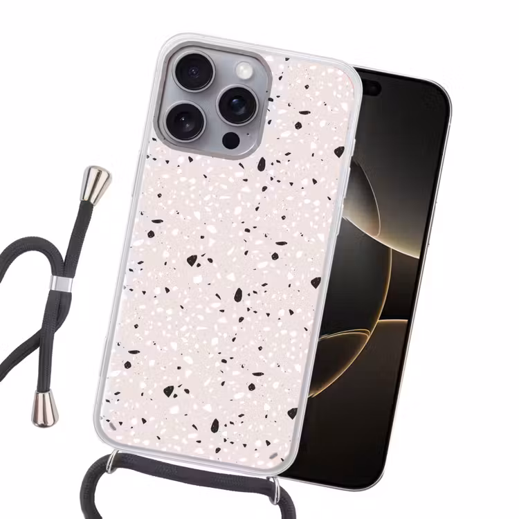 Terrazzo - Patroon - Zacht - Zwart - Wit Hoesje iPhone 16 Pro Max met koord klein 804 -sfeer1
