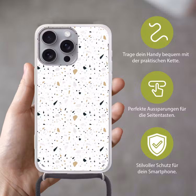 Terrazzo - Patroon - Wit - Neutraal Hoesje iPhone 16 Pro Max met koord klein 804 -sfeer2_DE