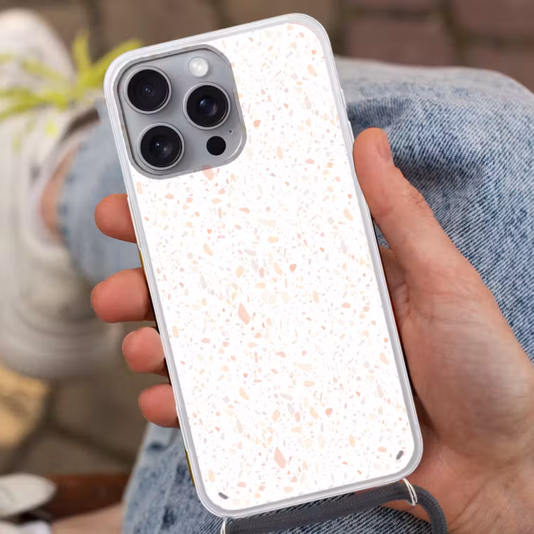 Terrazzo - Patroon - Wit - Perzik Hoesje iPhone 16 Pro Max met koord klein 804 -sfeer3