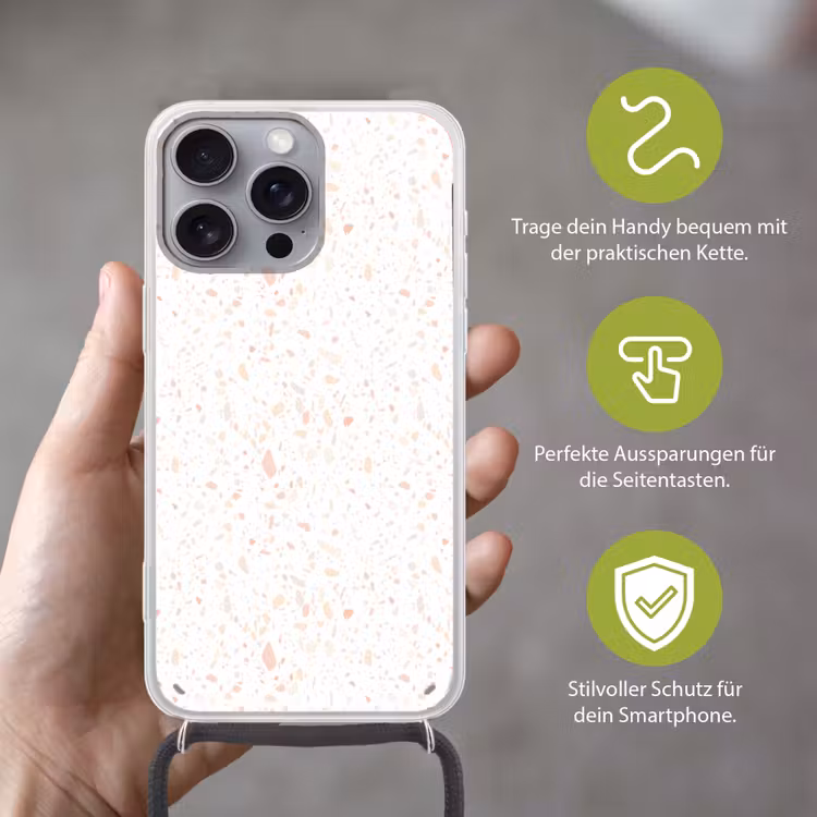 Terrazzo - Patroon - Wit - Perzik Hoesje iPhone 16 Pro Max met koord klein 804 -sfeer2_DE