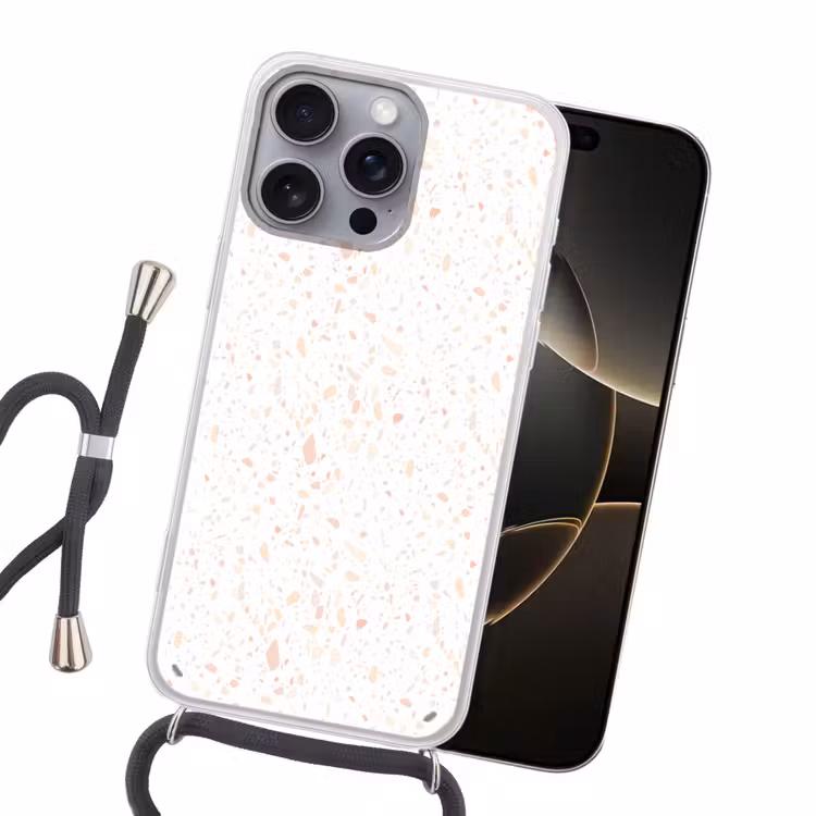 Terrazzo - Patroon - Wit - Perzik Hoesje iPhone 16 Pro Max met koord klein 804 -sfeer1