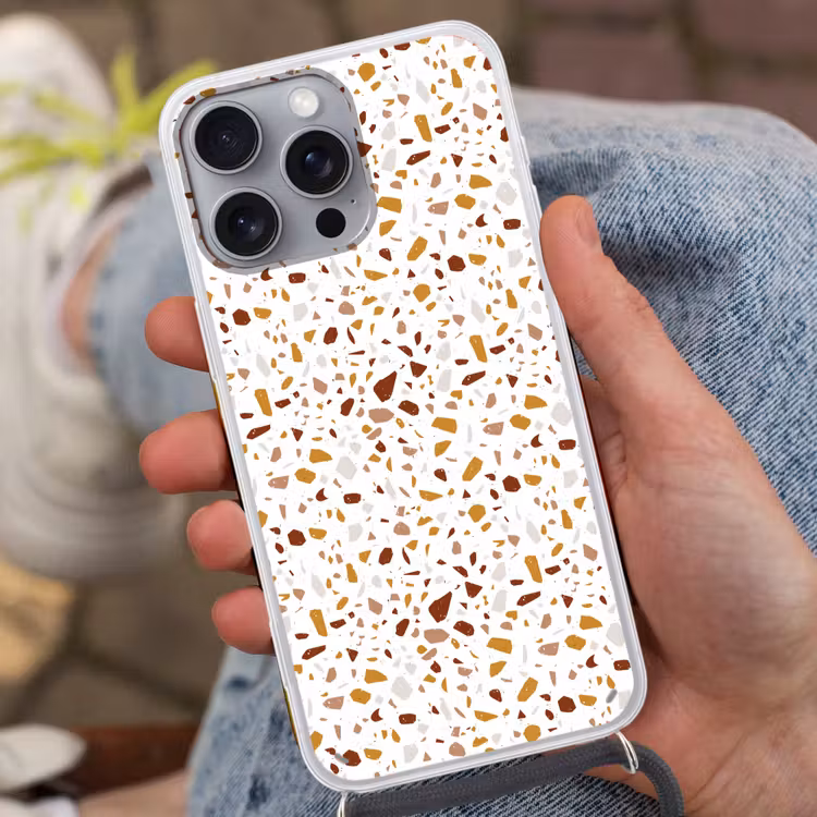 Terrazzo - Patroon - Wit - Urban Hoesje iPhone 16 Pro Max met koord klein 804 -sfeer3