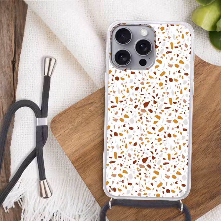 Terrazzo - Patroon - Wit - Urban Hoesje iPhone 16 Pro Max met koord klein 804 -sfeer4