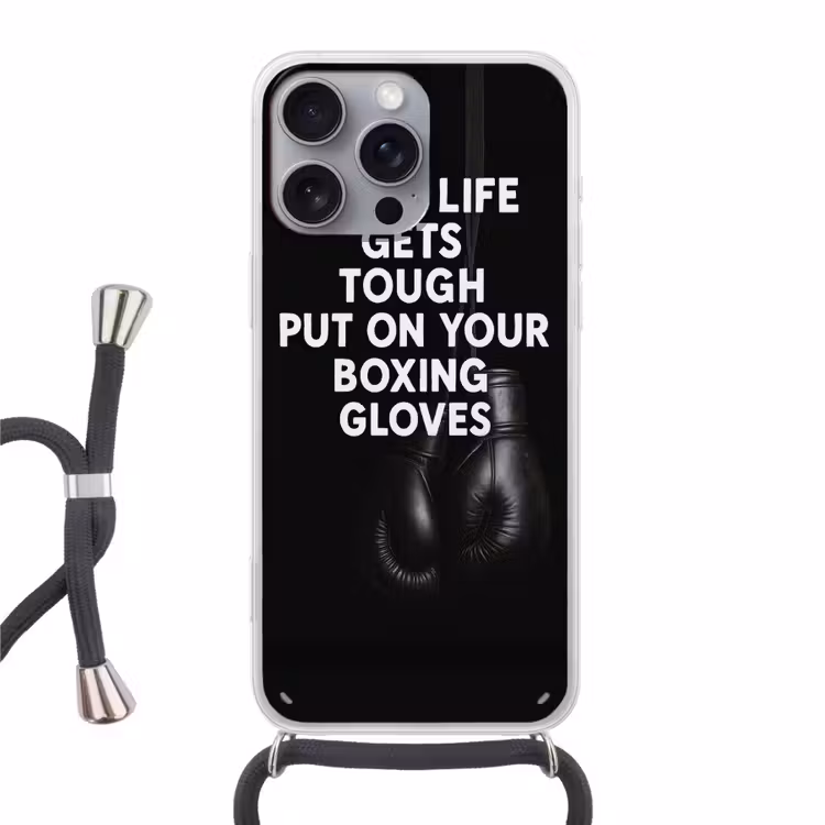 Tekst - Bokshandschoenen - Wit Hoesje iPhone 16 Pro Max met koord klein -3d