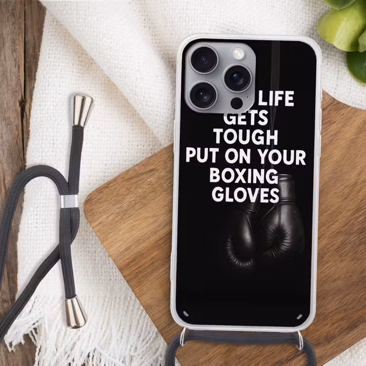 Tekst - Bokshandschoenen - Wit Hoesje iPhone 16 Pro Max met koord klein -sfeer4