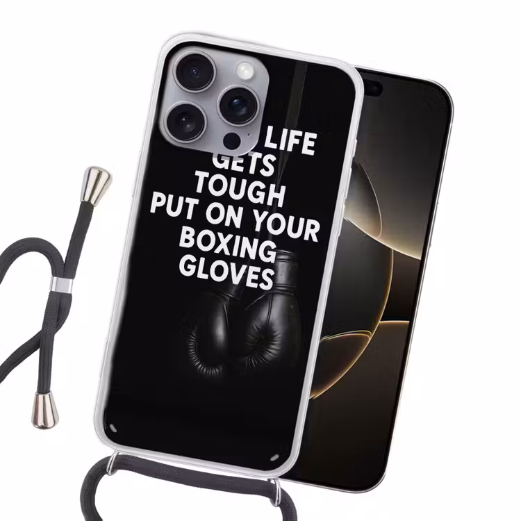 Tekst - Bokshandschoenen - Wit Hoesje iPhone 16 Pro Max met koord klein -sfeer1