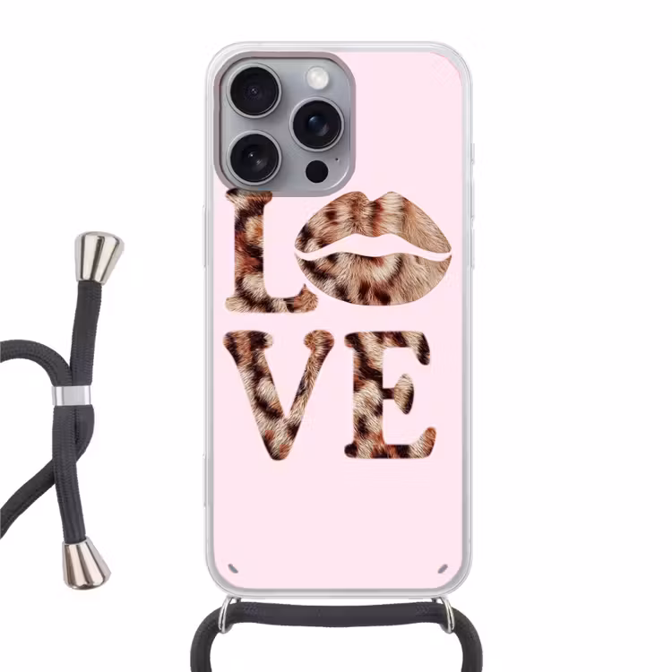 Tekst - Love - Pantervacht - Lichtroze Hoesje iPhone 16 Pro Max met koord klein -3d