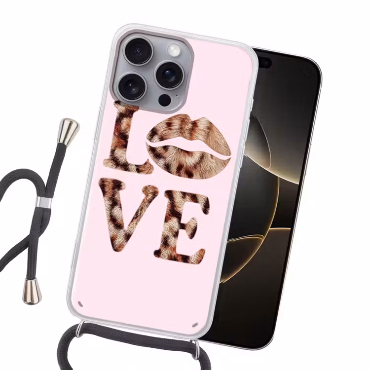 Tekst - Love - Pantervacht - Lichtroze Hoesje iPhone 16 Pro Max met koord klein -sfeer1