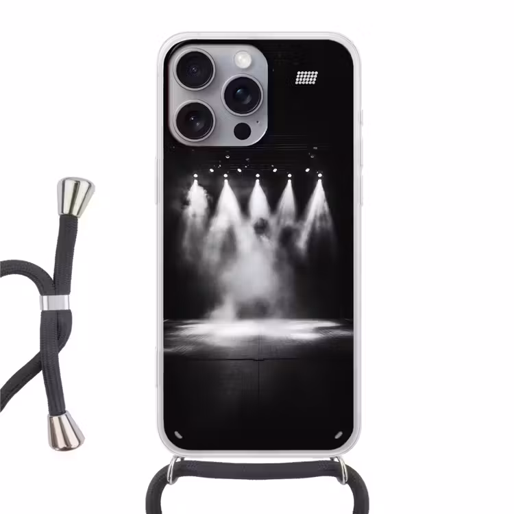 Theaterzaal - Mist - Spotlights - Zwart Hoesje iPhone 16 Pro Max met koord klein -3d