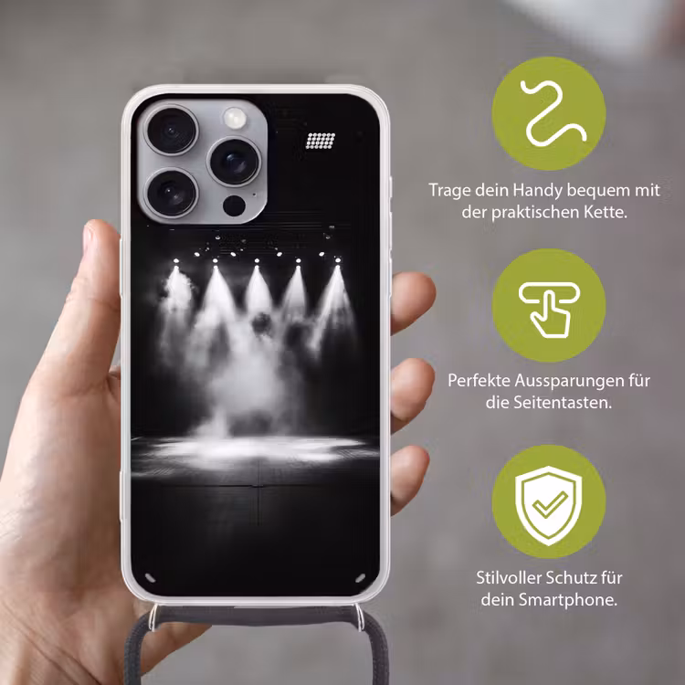 Theaterzaal - Mist - Spotlights - Zwart Hoesje iPhone 16 Pro Max met koord klein -sfeer2_DE