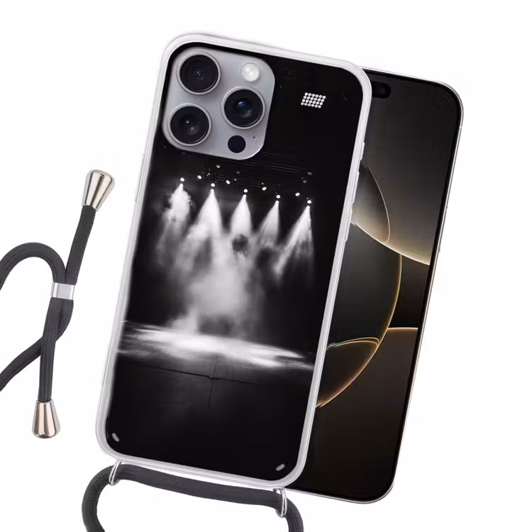 Theaterzaal - Mist - Spotlights - Zwart Hoesje iPhone 16 Pro Max met koord klein -sfeer1
