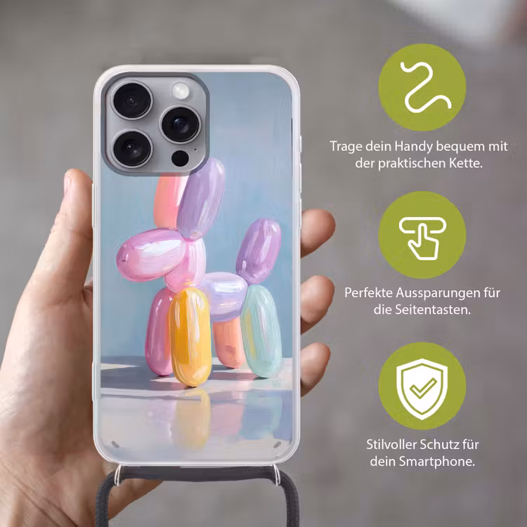 Dier - Ballon - Pasteltinten - Glanzend Hoesje iPhone 16 Pro Max met koord klein -sfeer2_DE