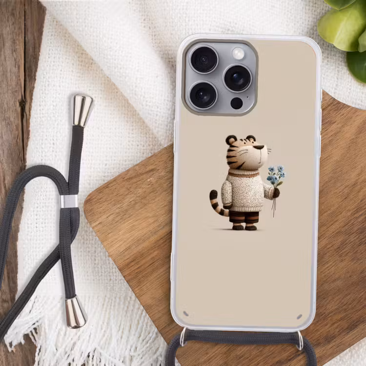 Tijger - Blauwe bloemen - Rustig Hoesje iPhone 16 Pro Max met koord klein -sfeer4