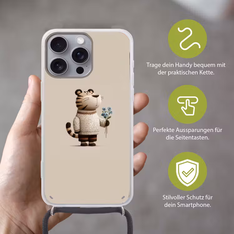 Tijger - Blauwe bloemen - Rustig Hoesje iPhone 16 Pro Max met koord klein -sfeer2_DE