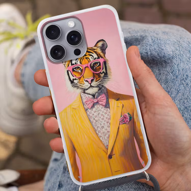 Tijger - Bril - Geel - Jasje Hoesje iPhone 16 Pro Max met koord klein -sfeer3