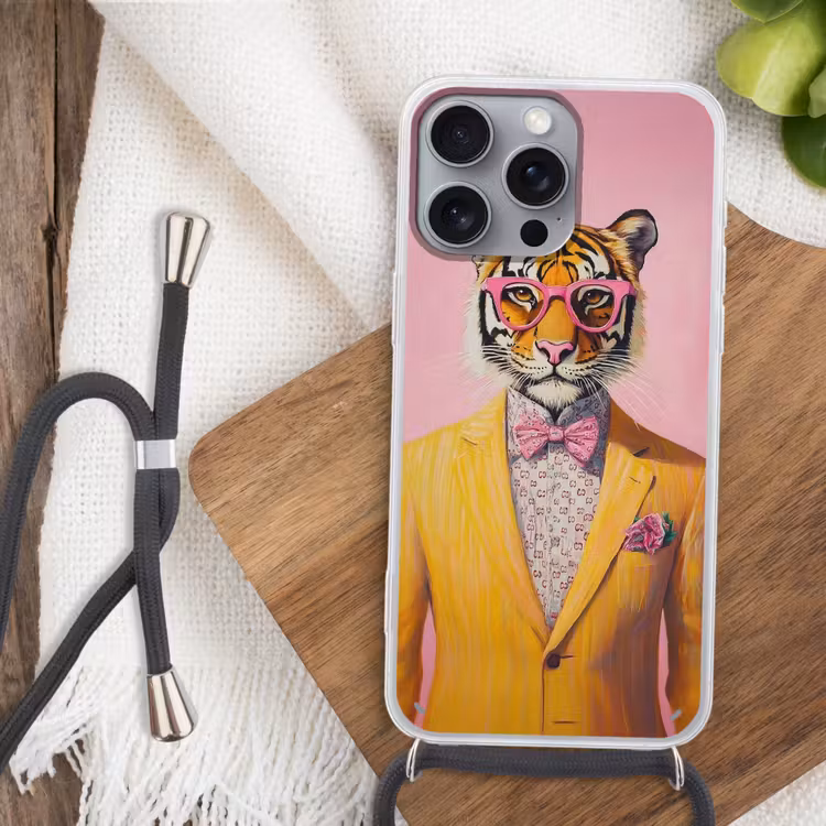 Tijger - Bril - Geel - Jasje Hoesje iPhone 16 Pro Max met koord klein -sfeer4