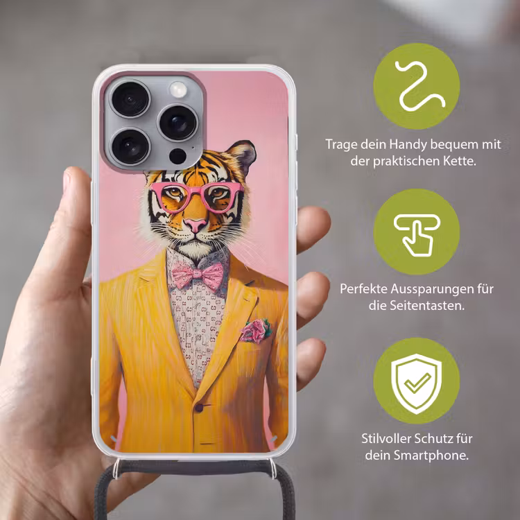Tijger - Bril - Geel - Jasje Hoesje iPhone 16 Pro Max met koord klein -sfeer2_DE