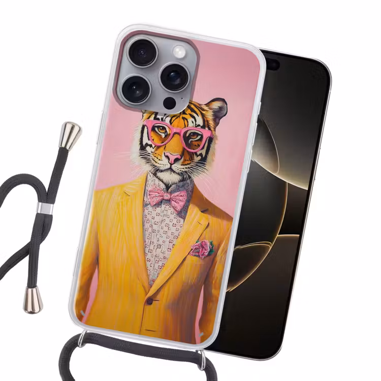 Tijger - Bril - Geel - Jasje Hoesje iPhone 16 Pro Max met koord klein -sfeer1
