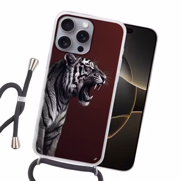 Tijger - Brult - Bordeaux Hoesje iPhone 16 Pro Max met koord klein -sfeer1
