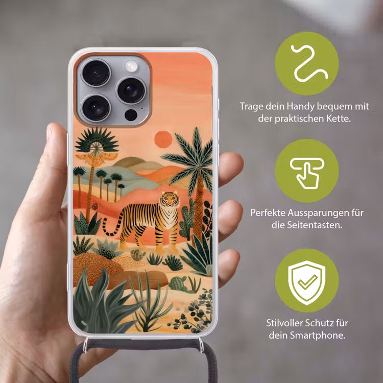Tijger - Kleurrijk - Palmen - Cactus Hoesje iPhone 16 Pro Max met koord klein -sfeer2_DE
