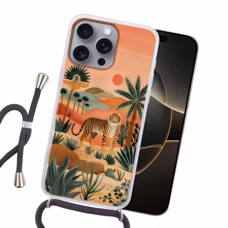 Tijger - Kleurrijk - Palmen - Cactus Hoesje iPhone 16 Pro Max met koord klein -sfeer1