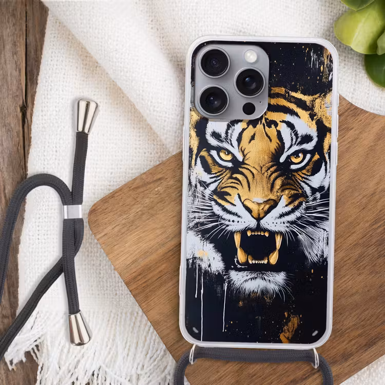 Tijger - Verfspatten - Goud Hoesje iPhone 16 Pro Max met koord klein -sfeer4